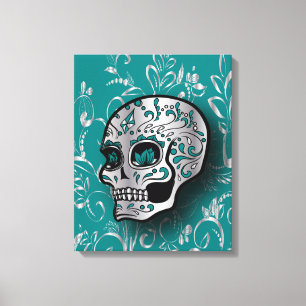 Toile Crâne à sucre Turquoise et argent Whimsical