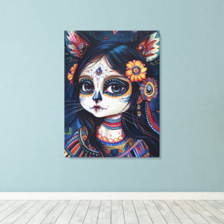 Toile Crâne de chat, crâne de sucre, esthétique mexicain