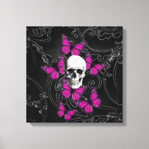 Toile crâne d'Imaginaire et papillons roses chauds