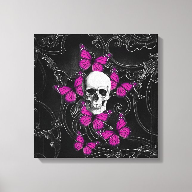 Toile crâne d'Imaginaire et papillons roses chauds (Recto)