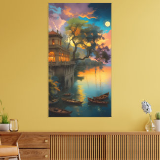 Toile Crépuscule de velours : la villa au bord du lac