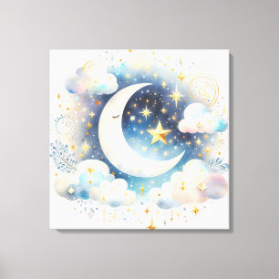 Toile Croissant de Lune Céleste Bohème Moderne Bleu et B