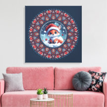 Cute Bleu Noël Kawaii Fox Dot Mandala Canvas