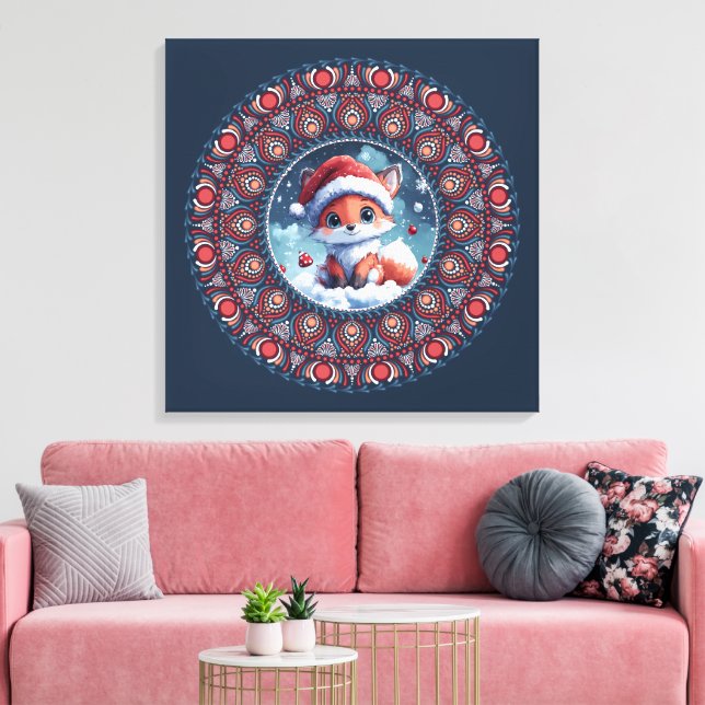 Toile Cute Bleu Noël Kawaii Fox Dot Mandala Canvas (Insitu(Salon))