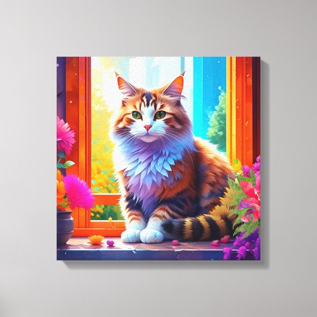 Toile Cute chat assis dans la fenêtre de la ville Ai Art (Recto)