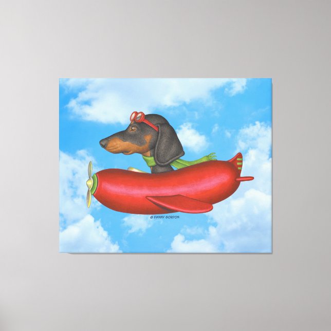 Toile Cute Dachshund dans l'avion Red Sausage (Recto)