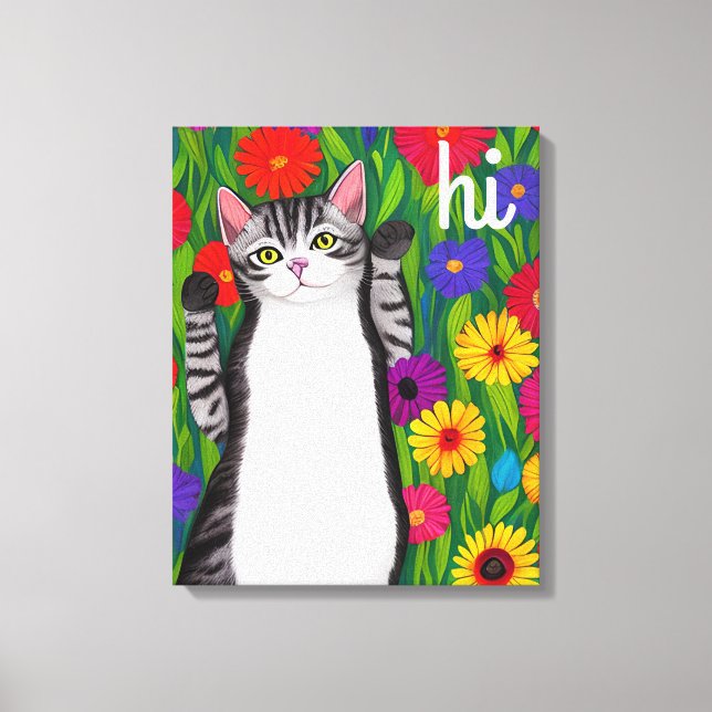 Toile Cute Folk Art Chat disant Hi parmi les fleurs (Recto)