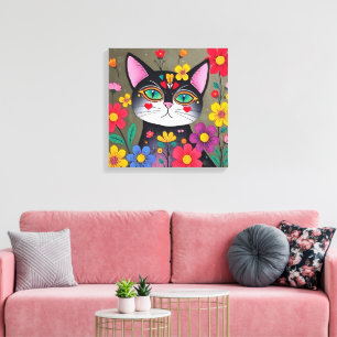 Toile Cute Folk Art Chat noir et fleurs