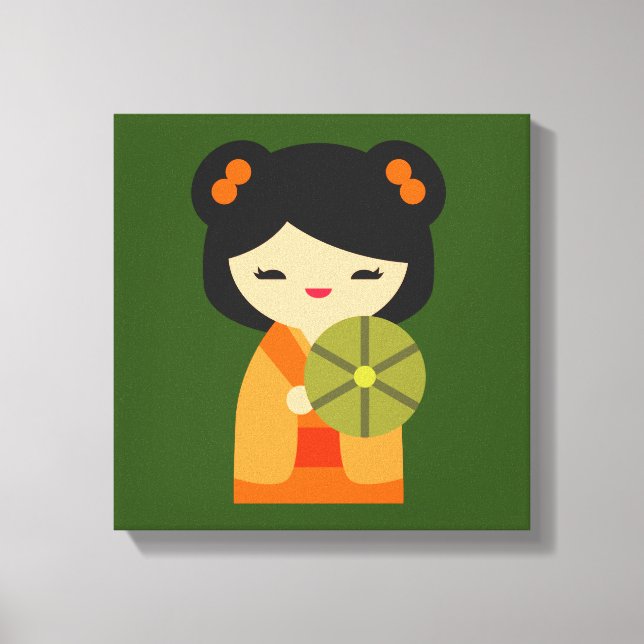 Toile Cute orange Kokeshi poupées japonaises (Recto)