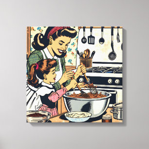 Toile Cute Retro Maman et Fille Cuisiner ensemble