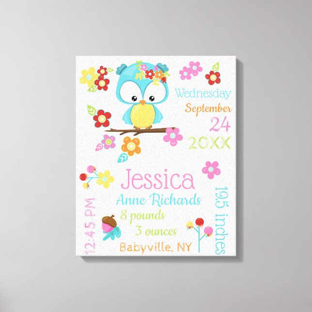 Toile Cute Woodland Owl Baby Girl Birth Record Statistiq (Recto)