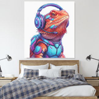 Toile Cyberpunk Bearded Dragon - Gamer Lizard with Heads