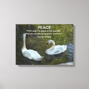 Toile Cygnes blancs sur l'eau avec citation de paix