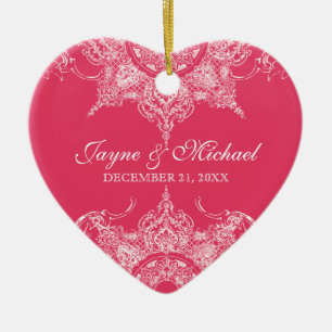 Toile Damask Swirl First Christmas Hot Pink Ceramic Ornament