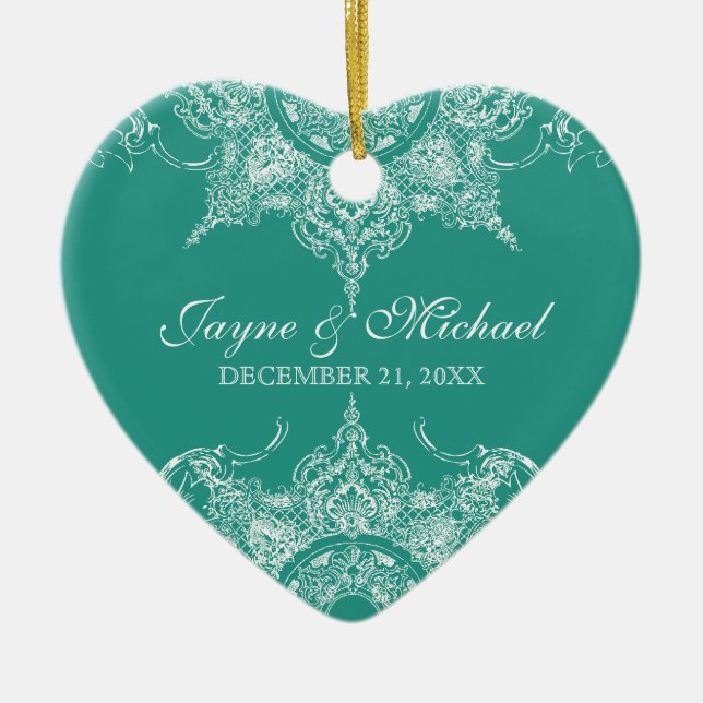Toile Damask Swirl First Christmas Teal Green Ceramic Ornament (Front)
