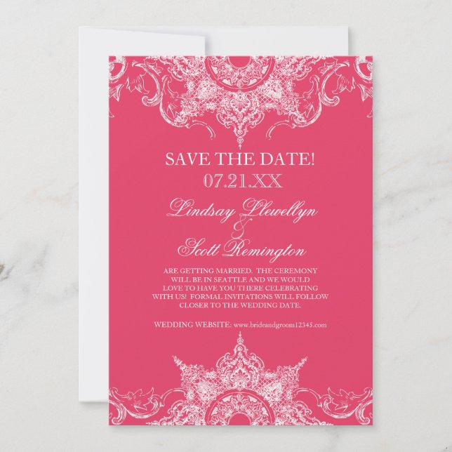 Toile Damask Swirl Save the Dates Hot Pink Invitation (Front)
