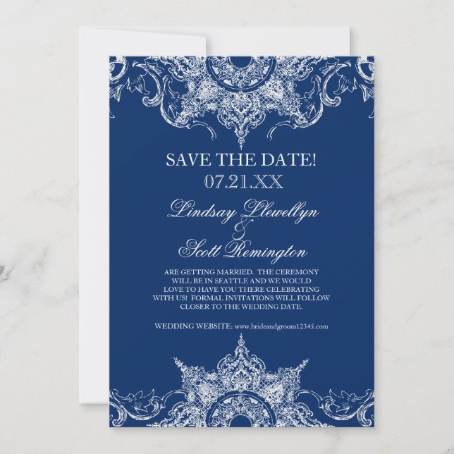 Toile Damask Swirl Save the Dates Navy Blue Invitation (Front)
