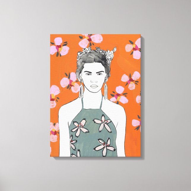 Toile Dame aux fleurs roses - Orange (Recto)