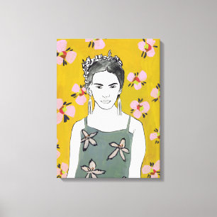Toile Dame en fleurs roses - Jaune