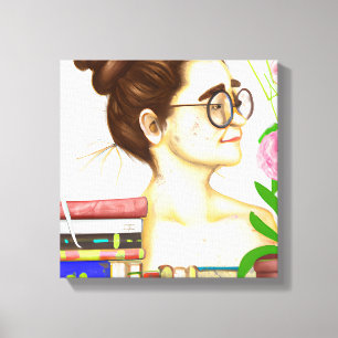 Toile Dame en lunettes, livres et fleurs