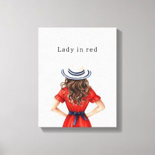 Toile Dame en robe rouge cheveux bruns