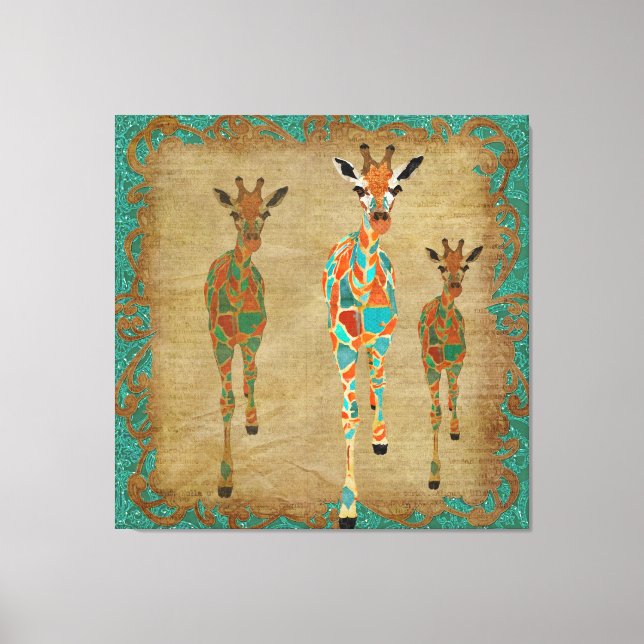 Toile d'art des girafes ambrées et azur (Recto)