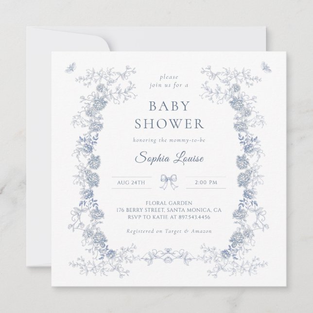 Toile de Jouy Baby Shower Blue Chinoiserie Floral  Invitation (Front)