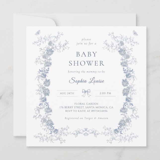 Toile de Jouy Baby Shower Blue Chinoiserie Floral  Invitation (Front)