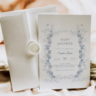 Toile de Jouy Baby Shower Blue Chinoiserie Floral Invitation