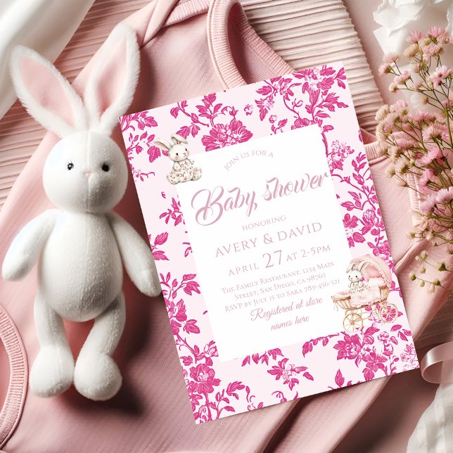 Toile de Jouy Baby Shower Dusty Pink Teddy Bear Invitation (Creator Uploaded)