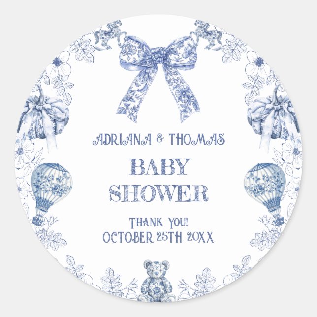 Toile de jouy baby shower thank you  classic round sticker (Front)