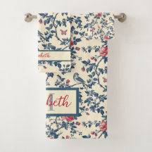 Toile de Jouy bleu et rouge floral et oiseaux