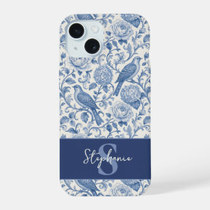 Toile de Jouy bleue à monogramme et motif floral