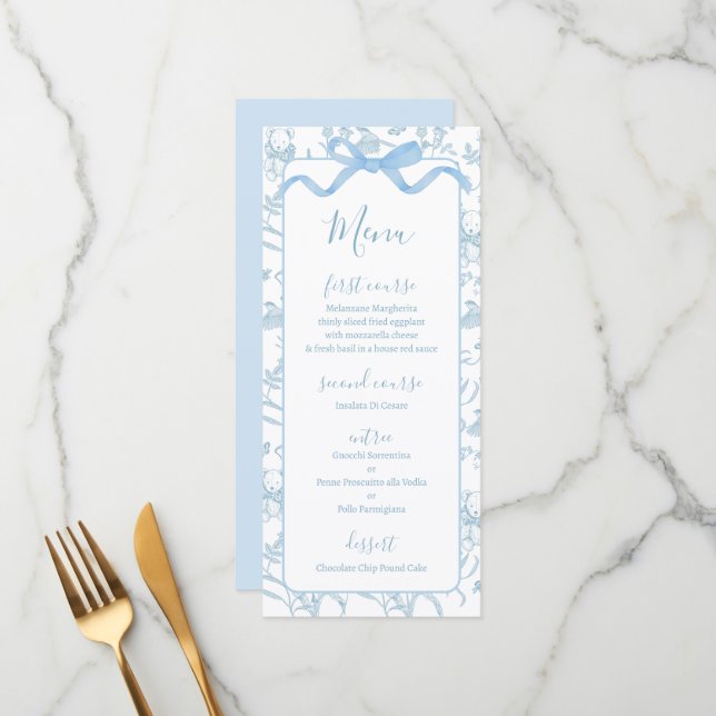 Toile de jouy Blue Baby Shower Boy Menu Card (Devant/Arrière en situation)