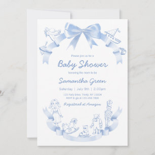 Toile De Jouy Blue Baby Shower Invitation