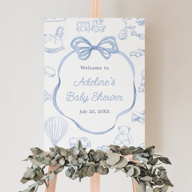 Toile de Jouy Blue Bow Baby Shower Welcome Sign (Creator Uploaded)