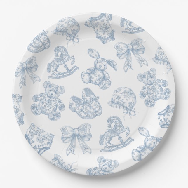 Toile de Jouy Blue Bow Paper Plate (Front)