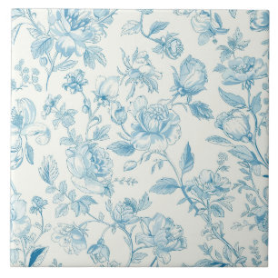 Toile de jouy Blue Chinoiseries Peonies Floral  Tile