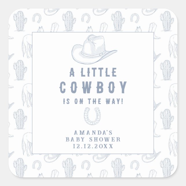 Toile de Jouy Blue Cowboy Western Baby Shower Square Sticker (Front)