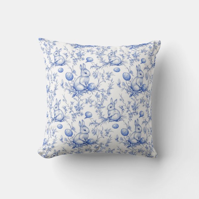 Toile De Jouy Blue Easter Bunny Throw Pillow (Front)