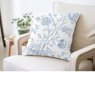 Toile de Jouy Blue Floral Throw Pillow