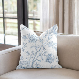 Toile de Jouy Blue Floral Throw Pillow