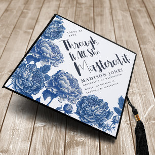 Toile De Jouy Bue Peony She Mastered It Graduation Cap Topper