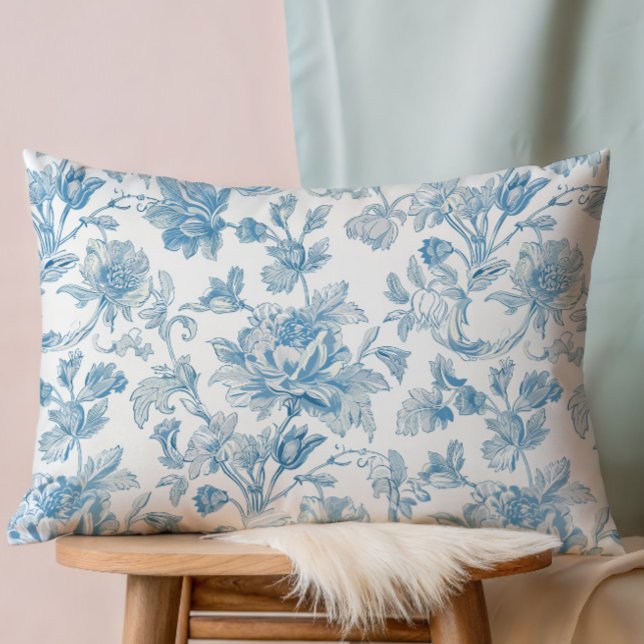 Toile-de-jouy Chinoiseries Blue Floral Pattern Accent Pillow (Creator Uploaded)