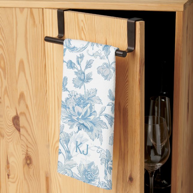 Toile-de-jouy Chinoiseries Blue Floral Pattern Kitchen Towel (Thirds Fold)