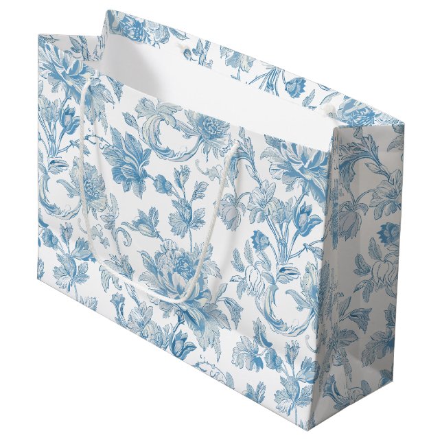Toile-de-jouy Chinoiseries Blue Floral Pattern Large Gift Bag (Front Angled)