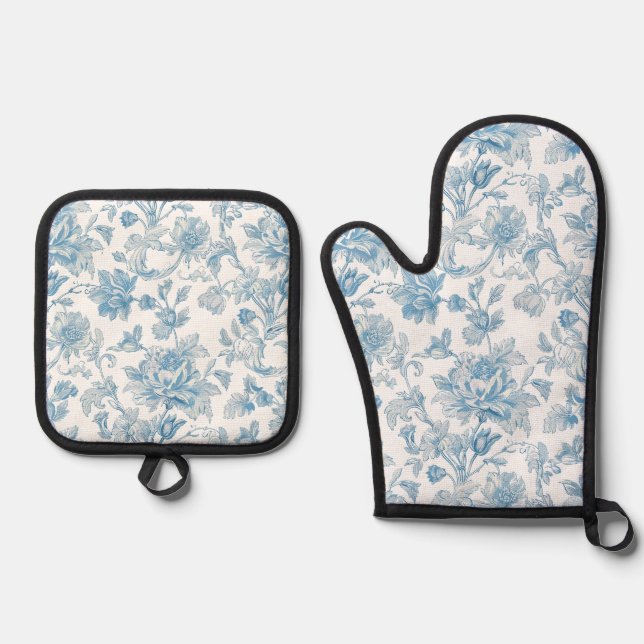 Toile-de-jouy Chinoiseries Blue Floral Pattern Oven Mitt & Pot Holder Set (Front)