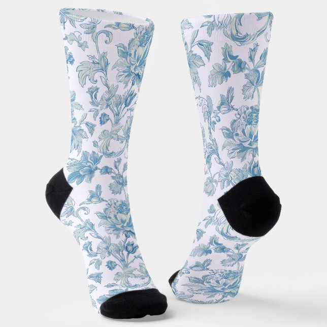 Toile-de-jouy Chinoiseries Blue Floral Pattern Socks (Angled)