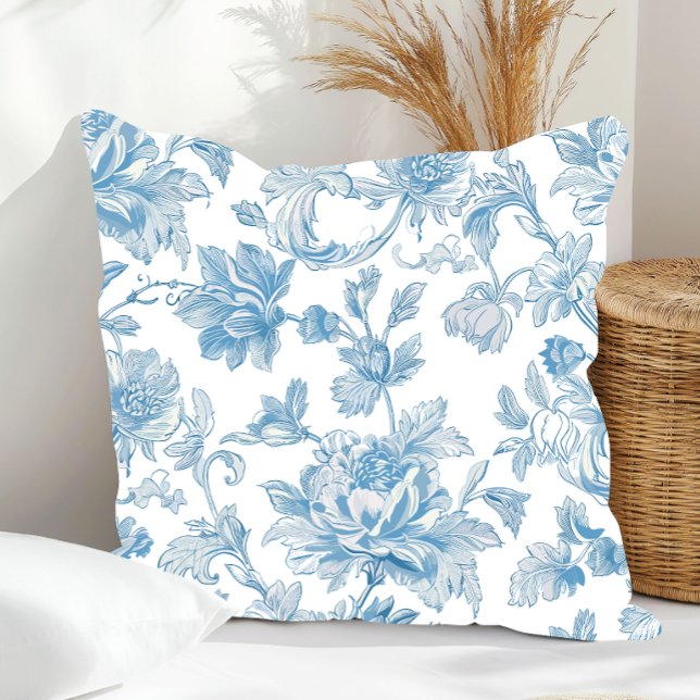 Toile-de-jouy Chinoiseries Blue Floral Pattern Throw Pillow (Creator Uploaded)