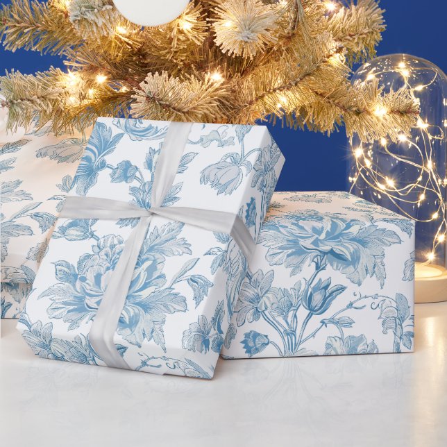 Toile-de-jouy Chinoiseries Blue Floral Pattern Wrapping Paper (Holidays)